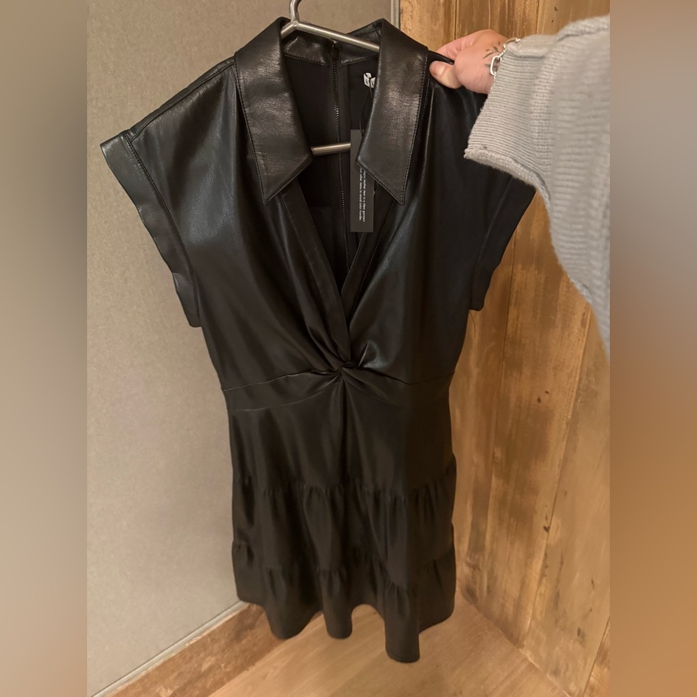 Alice + Olivia NWT Mila Black Faux Leather Mini Dress - Picture 3 of 8
